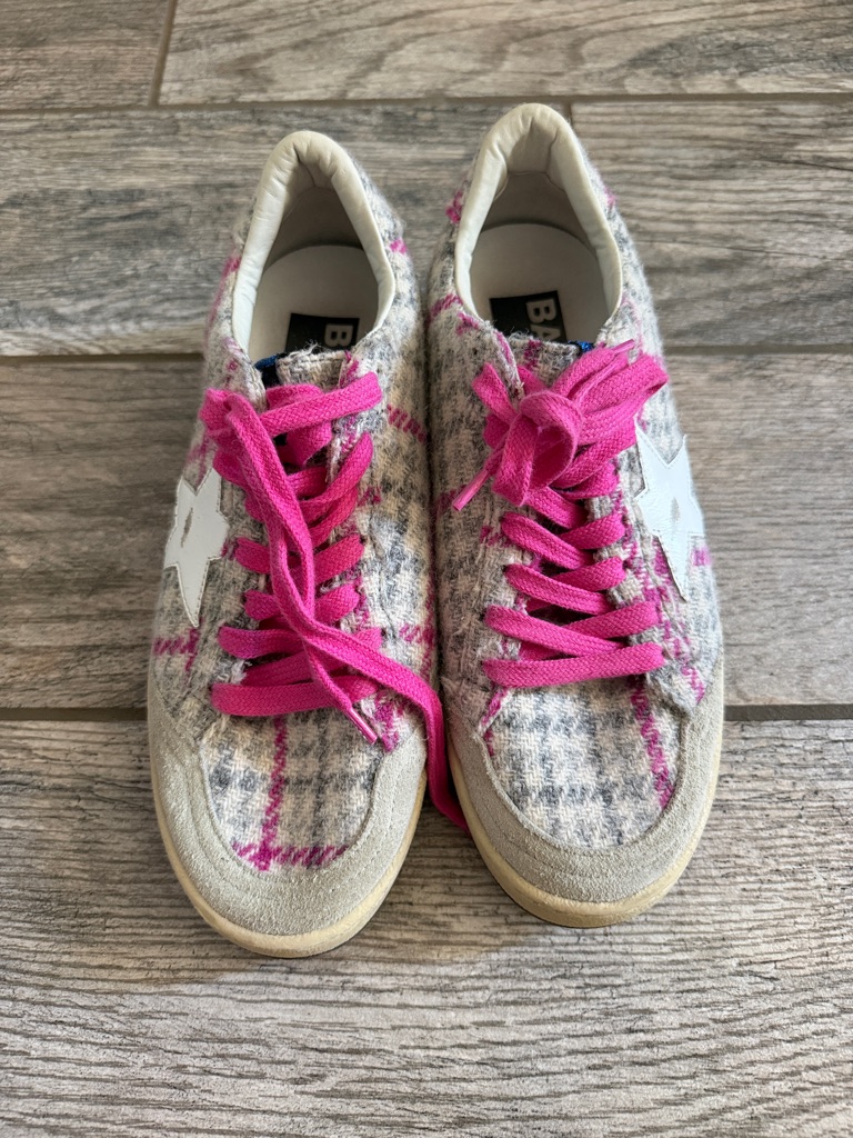 Golden Goose Ballstar Pink Grey Plaid Sneakers